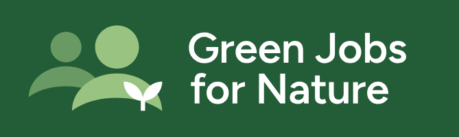 Green jobs for nature logo - two icons of people in pale green on a darker green background. There is a white plant to the bottom right,