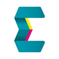 Evenbreak logo - it is a blue E with yellow and pink lines on the inside.